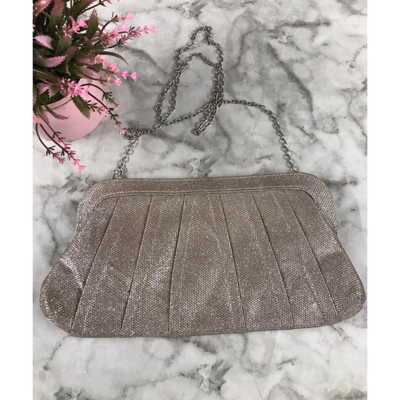 Jessica McClintock Sparkle Ring Clutch Chain Bow Evening Purse Classy 7"x13" - Picture 3 of 7